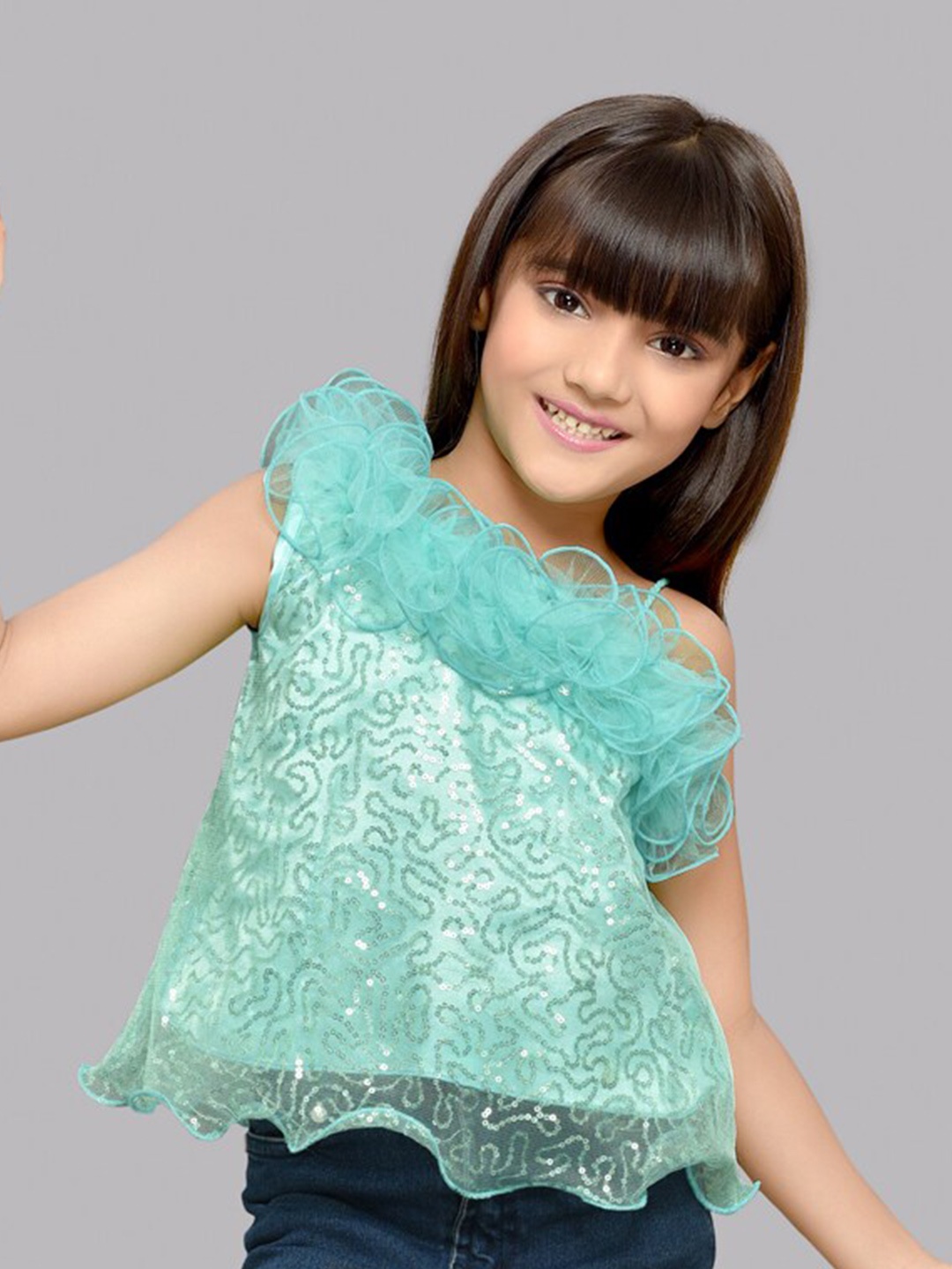 

Pink Chick Girls Embellished Sequined One Shoulder Top, Sea green