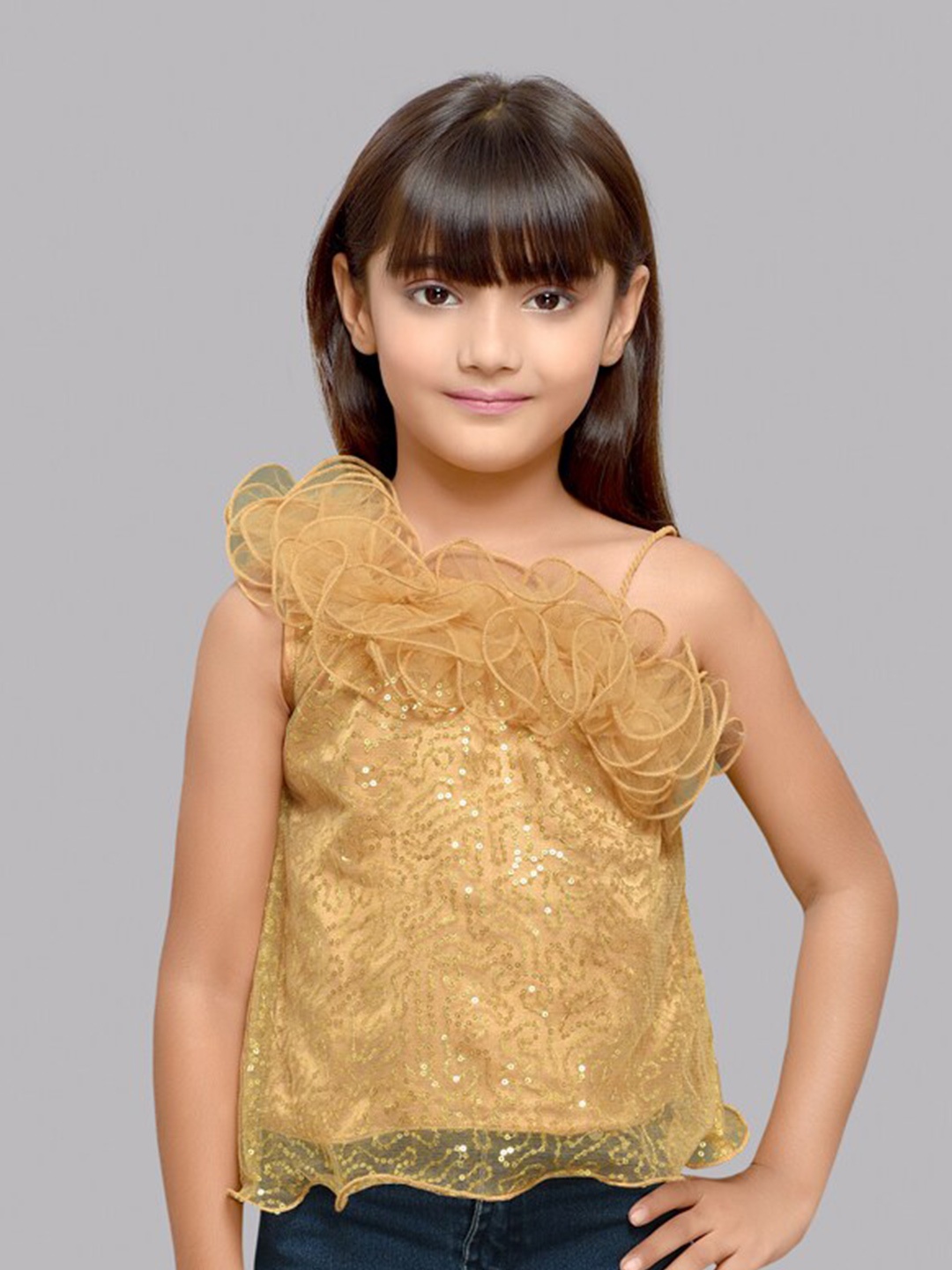 

Pink Chick Girls Embellished Sequined One Shoulder Top, Gold