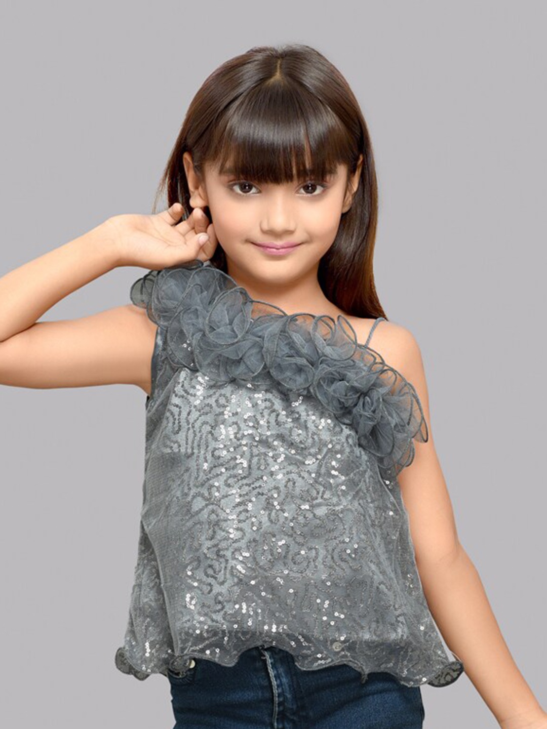 Pink Chick Girls Embellished Sequined One Shoulder Top, Grey