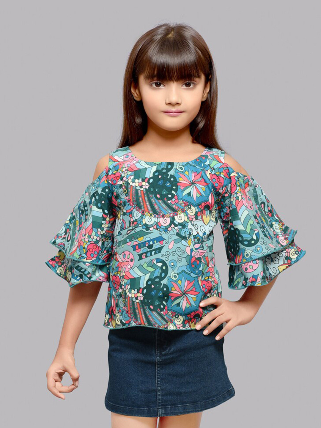 

Pink Chick Girls Abstract Printed Bell Sleeve Top, Teal