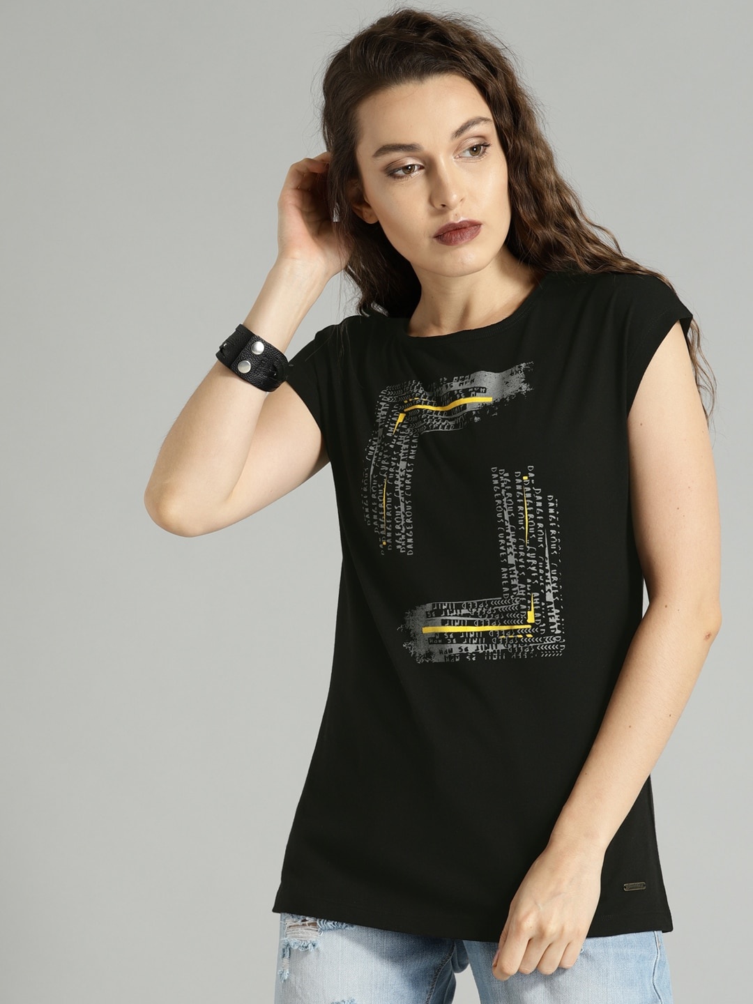 

Roadster Women Black Printed Round Neck T-shirt