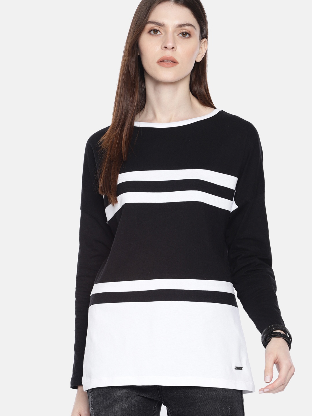 

Roadster Women Black White Striped Round Neck Pure Cotton T-shirt
