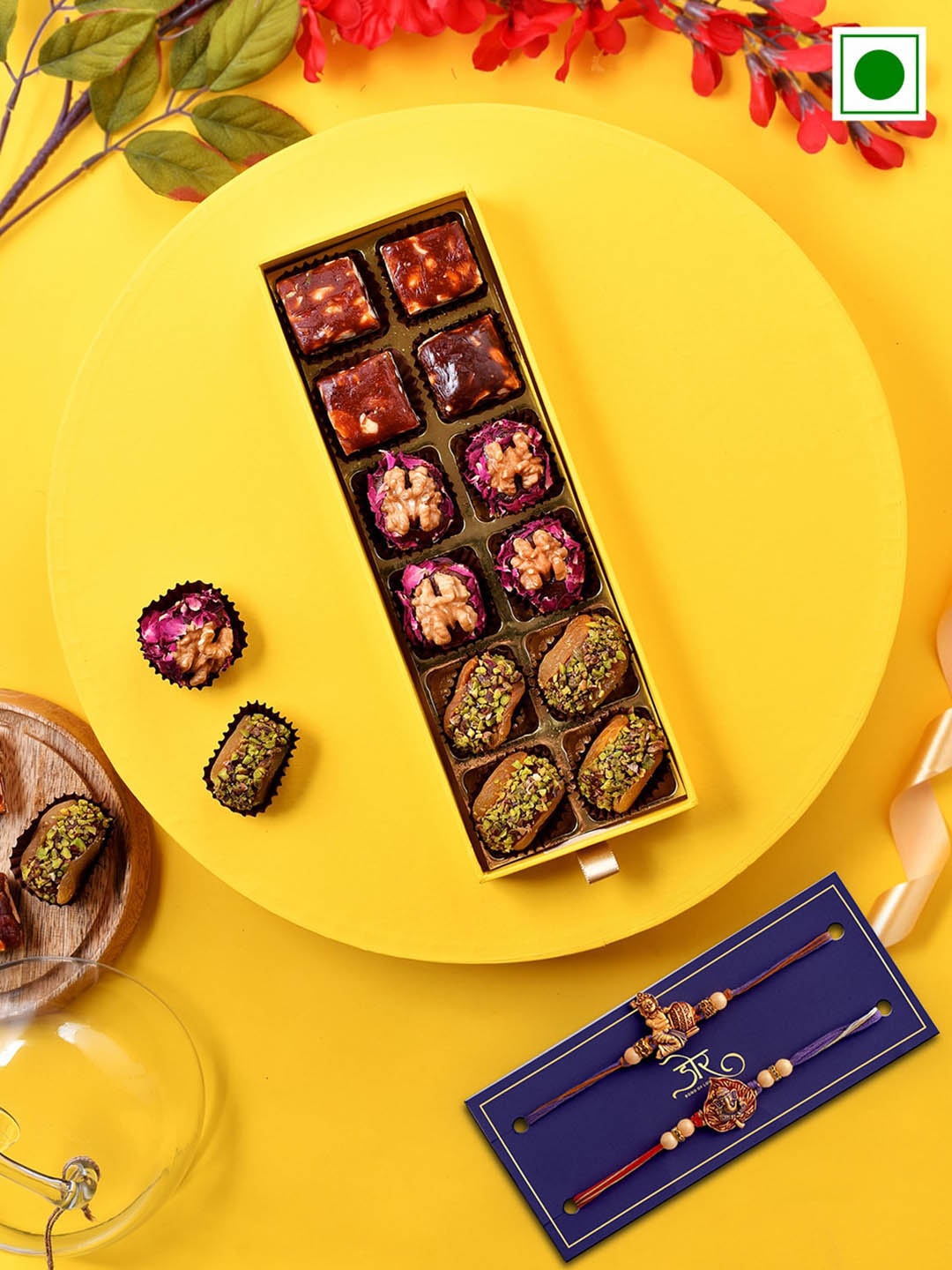 

RawFruit Set Of 2 Rakhi With Bonanza Sweets Gift Set 4 Pcs Each, Gold