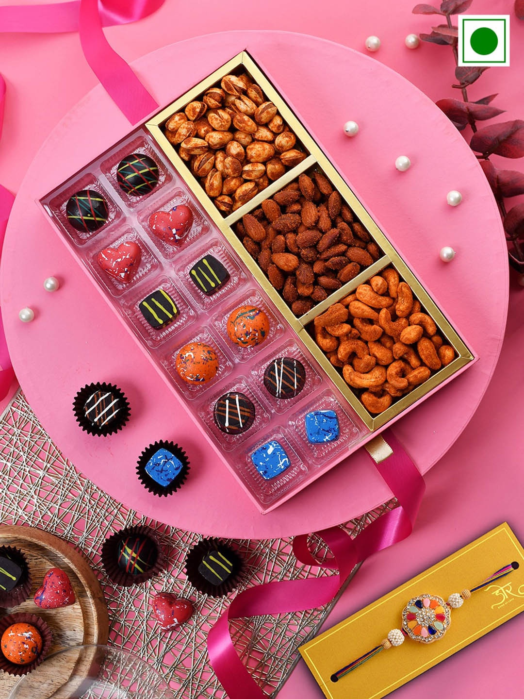 

RawFruit Set Of Assorted Sweets & Roasted Dry Fruit & Pearl Beaded Rakhi Gift Pack, Pink