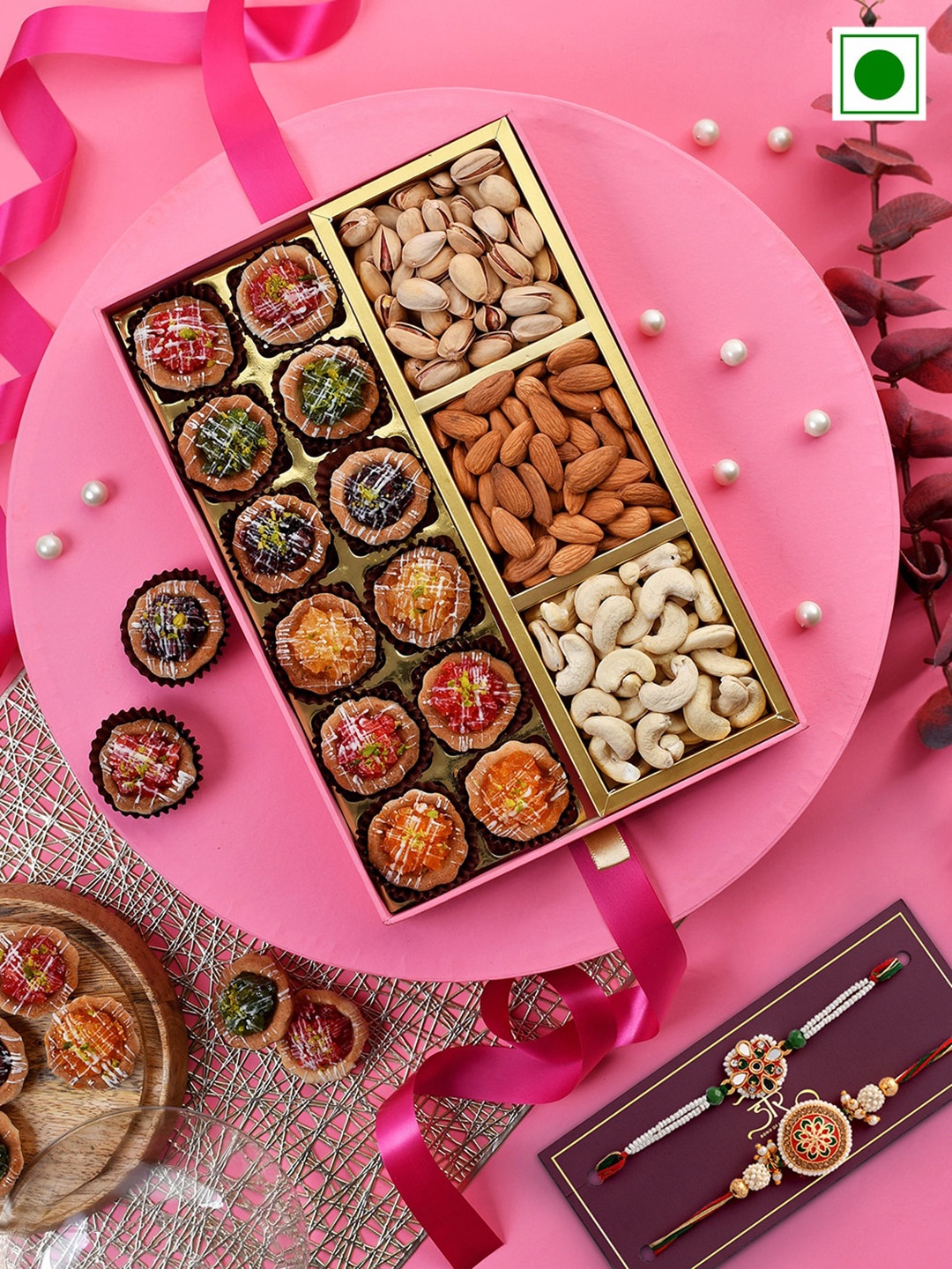 

RawFruit Set Of 2 Rakhi With Sweet Bonanza Gift Pack, Pink