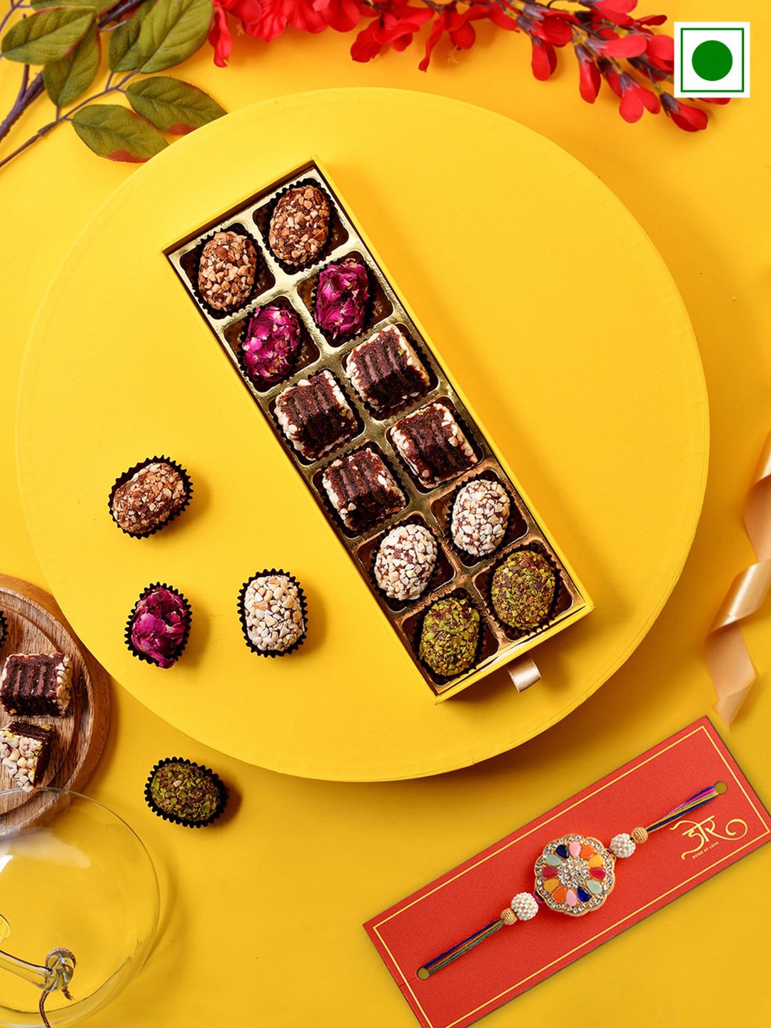 

RawFruit Stone Studded Rakhi With Bonanza Sweets Gift Set, White