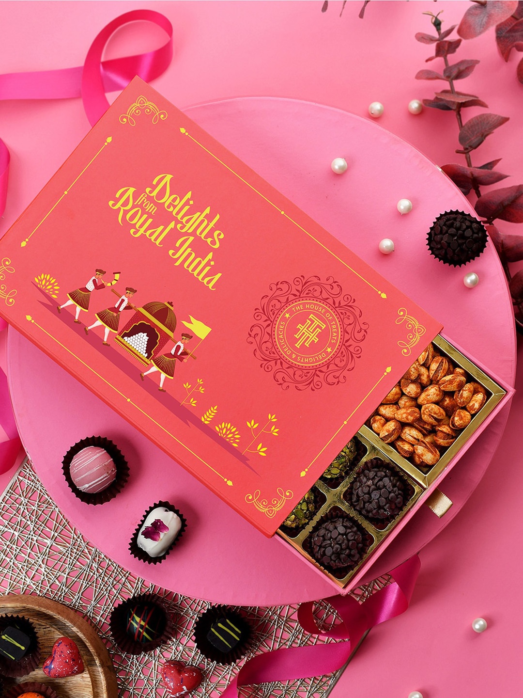 

RawFruit Set Of 1 Sweets & Roasted Dryfruits Box with 3 Rakhi, Pink