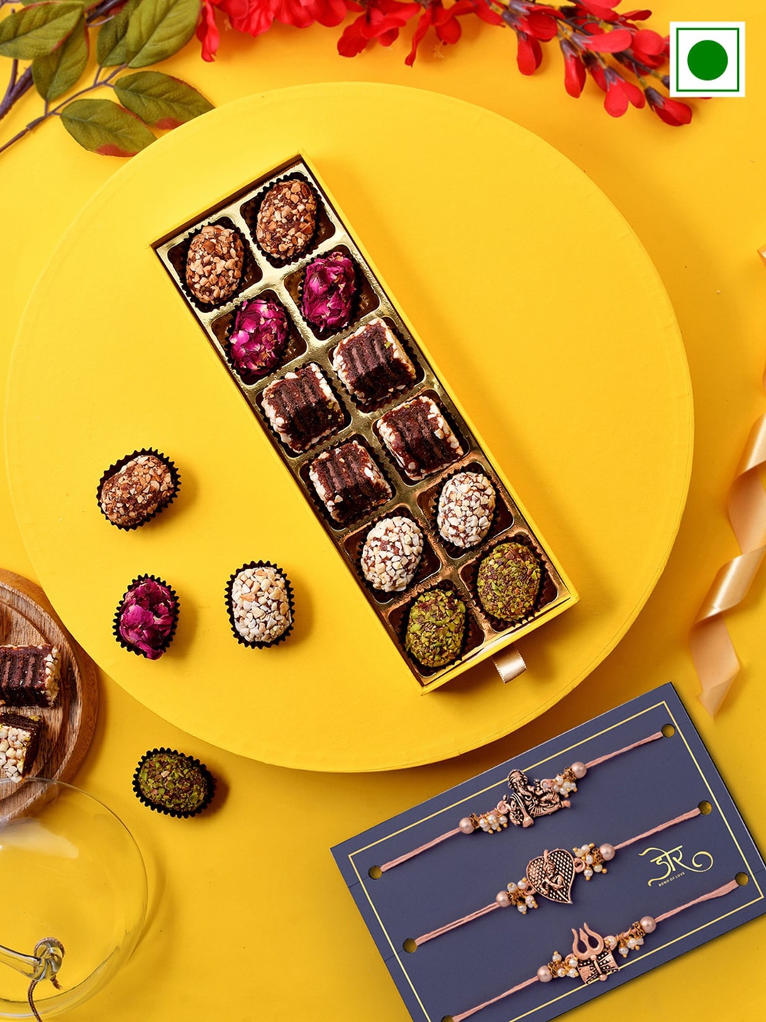 

RawFruit Set Of 12 Barrels Sweets With 3 Rakhi Gift Pack, Yellow