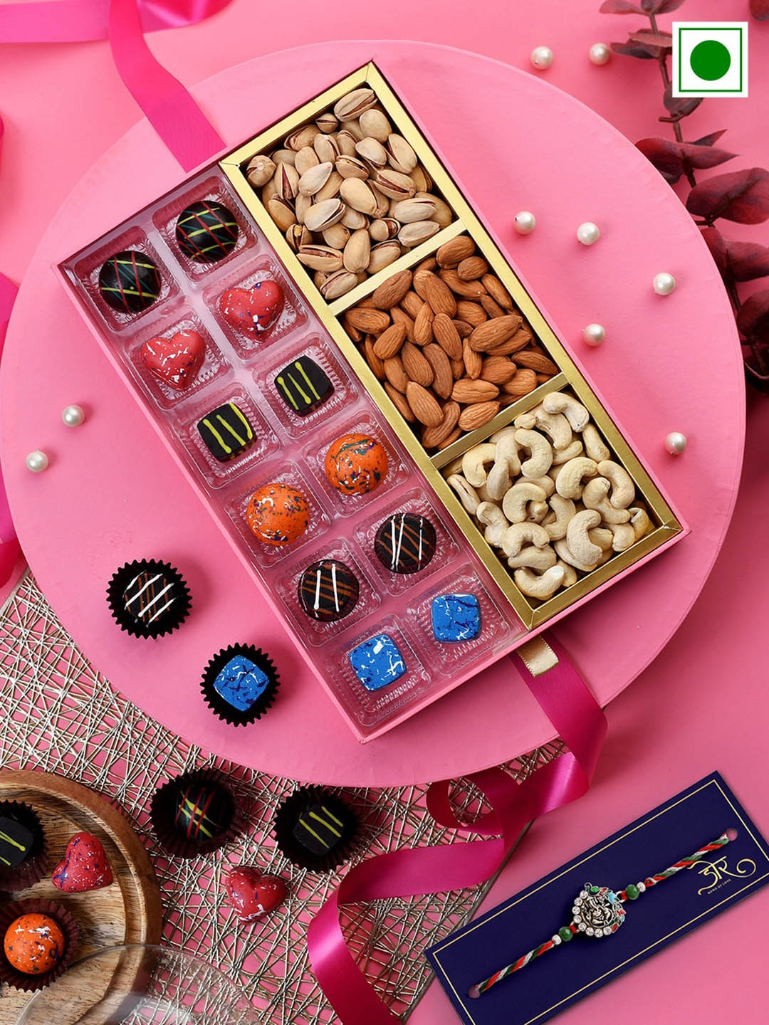 RawFruit Set Of 1 Sweets & Roasted Dryfruits Box with Rakhi, Pink