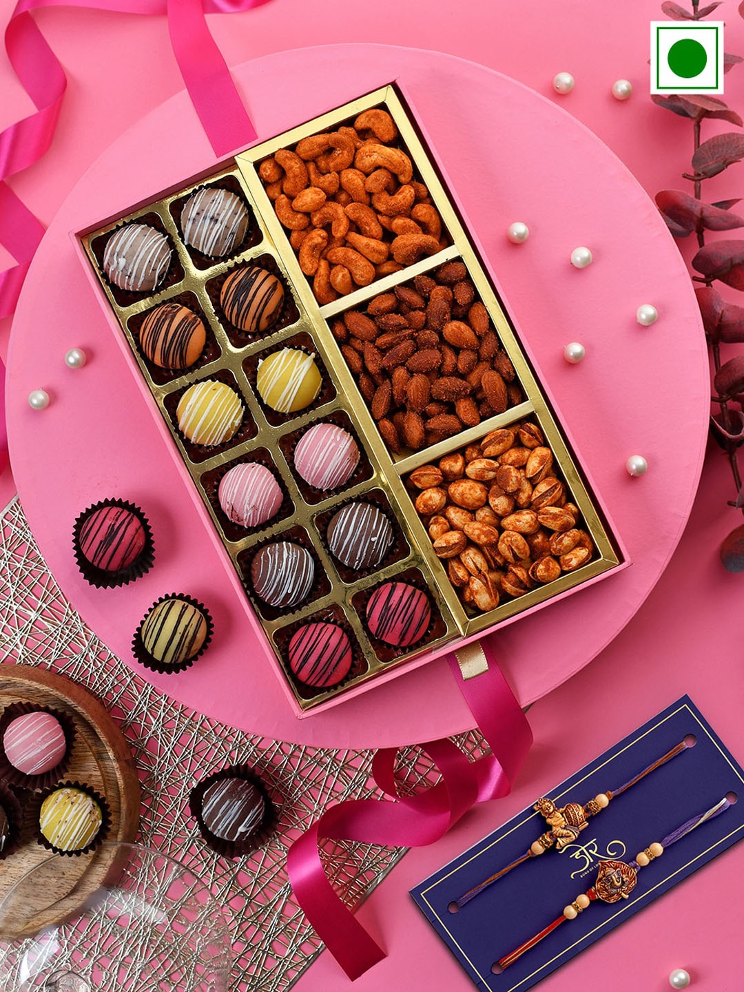 

RawFruit Set Of 2 Charm Rakhi With Chocolate & Roasted Dry Fruit Gift Pack, Pink