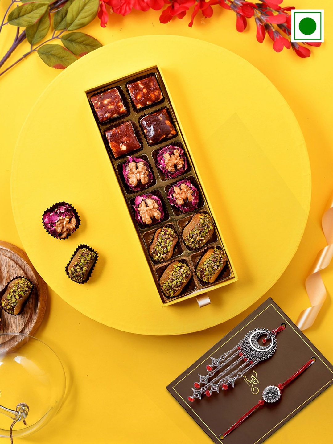 

RawFruit Set Of 12 Delights Sweets With 3 Rakhi Gift Pack, Yellow