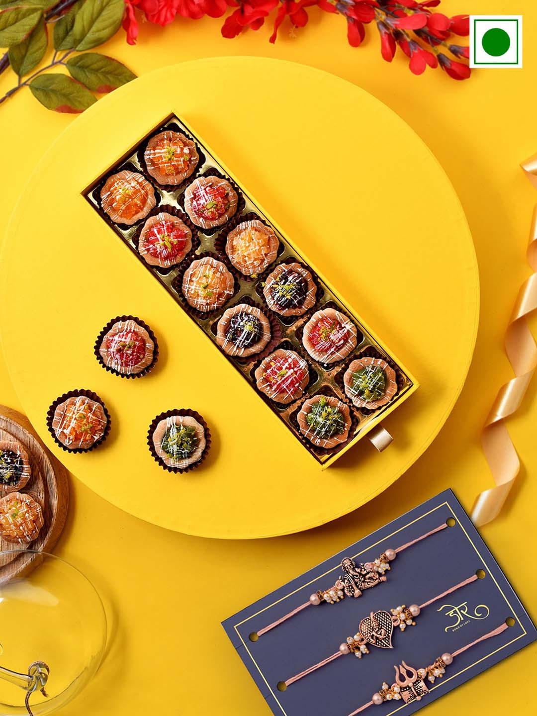 

RawFruit Set Of 3 Rakhis With Artisanal Tarts Sweets Gift Set, Peach