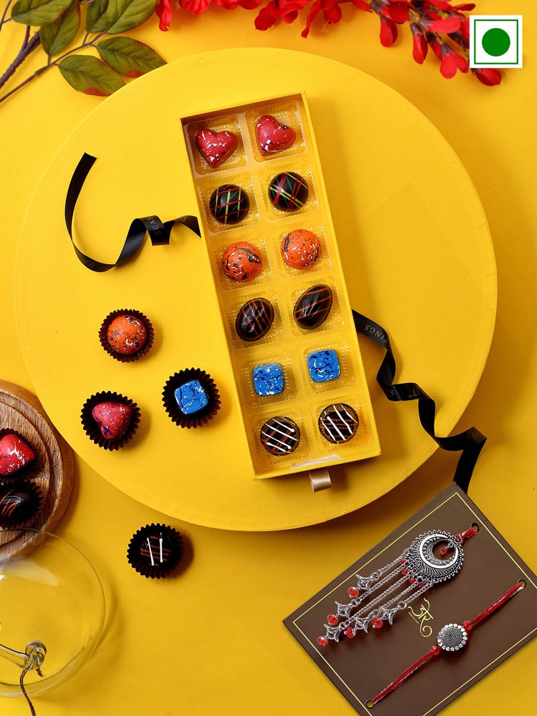

RawFruit Set Of 2 Charm Rakhi With Coverure Chocolates, Yellow