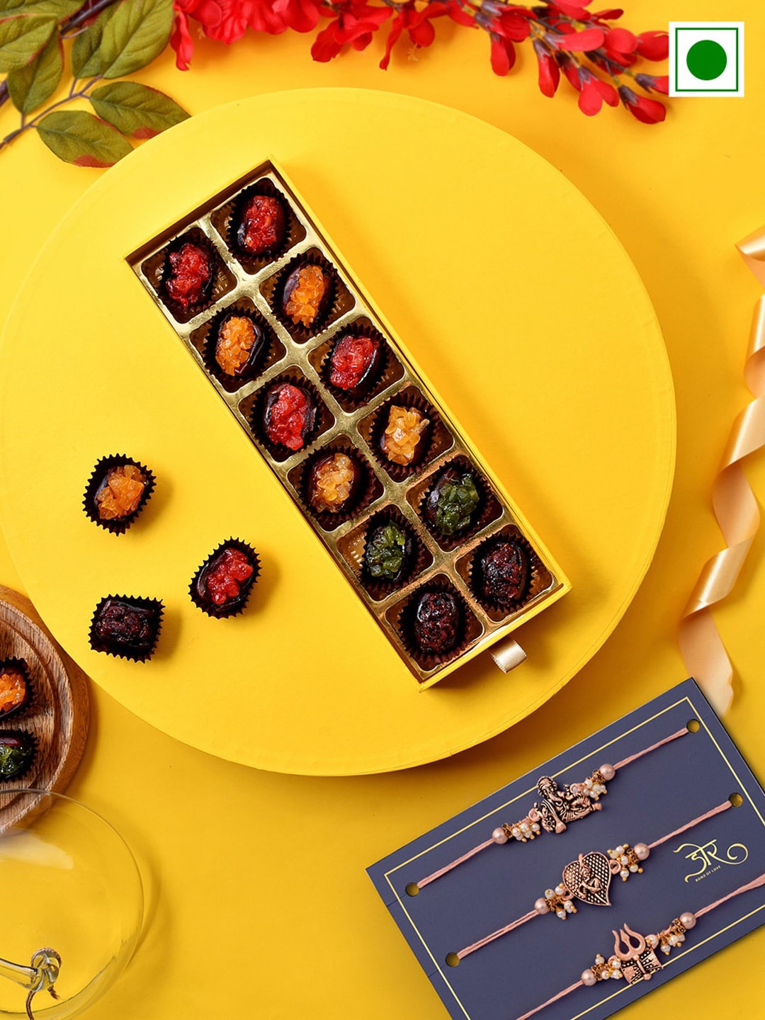 

RawFruit Set Of 6 Rakhi With Sweet Savoury Gift Pack, Yellow