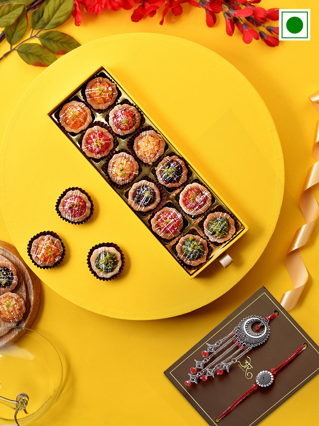 

RawFruit Set Of 2 Bhai Bhabhi Rakhi With Tarts Sweets Gifts Set, Red