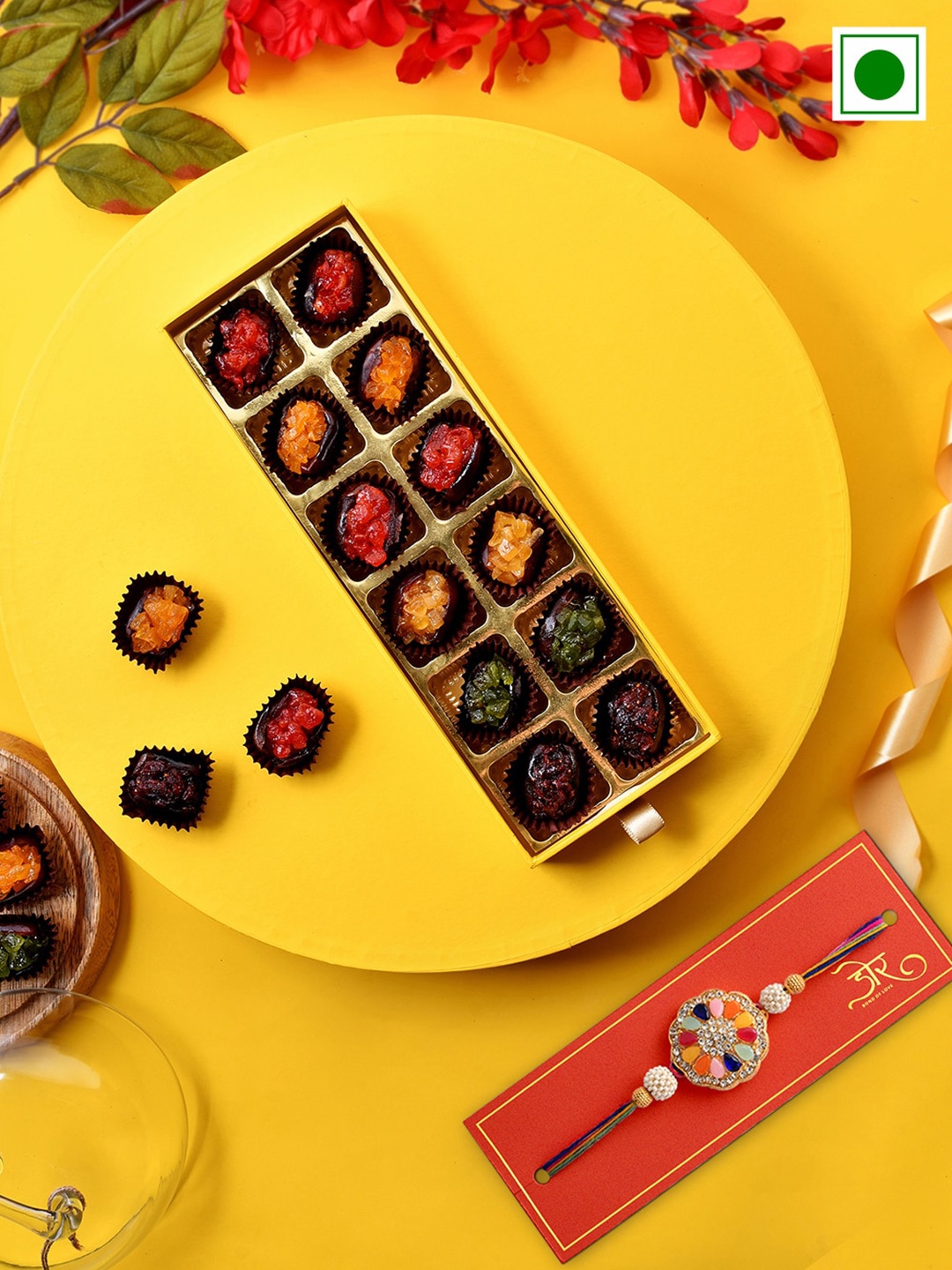 

RawFruit Stone Studded & Beaded Rakhis With Fruit Dates Set, Lavender