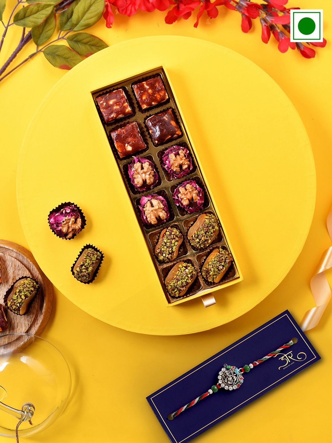 

RawFruit Set Of 12 Delights Sweets With 1 Rakhi Gift Pack, Yellow