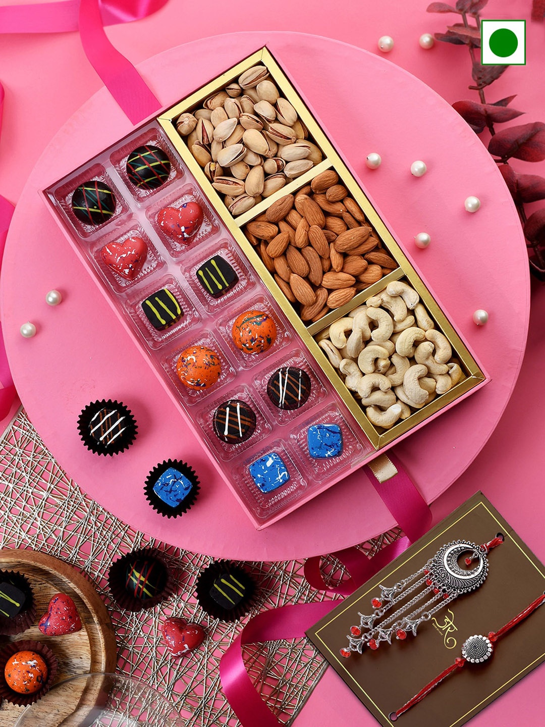 

RawFruit Set of 2 Bhai Bhabhi Rakhi with Chocolates & Dry Fruit Gift Set, Silver