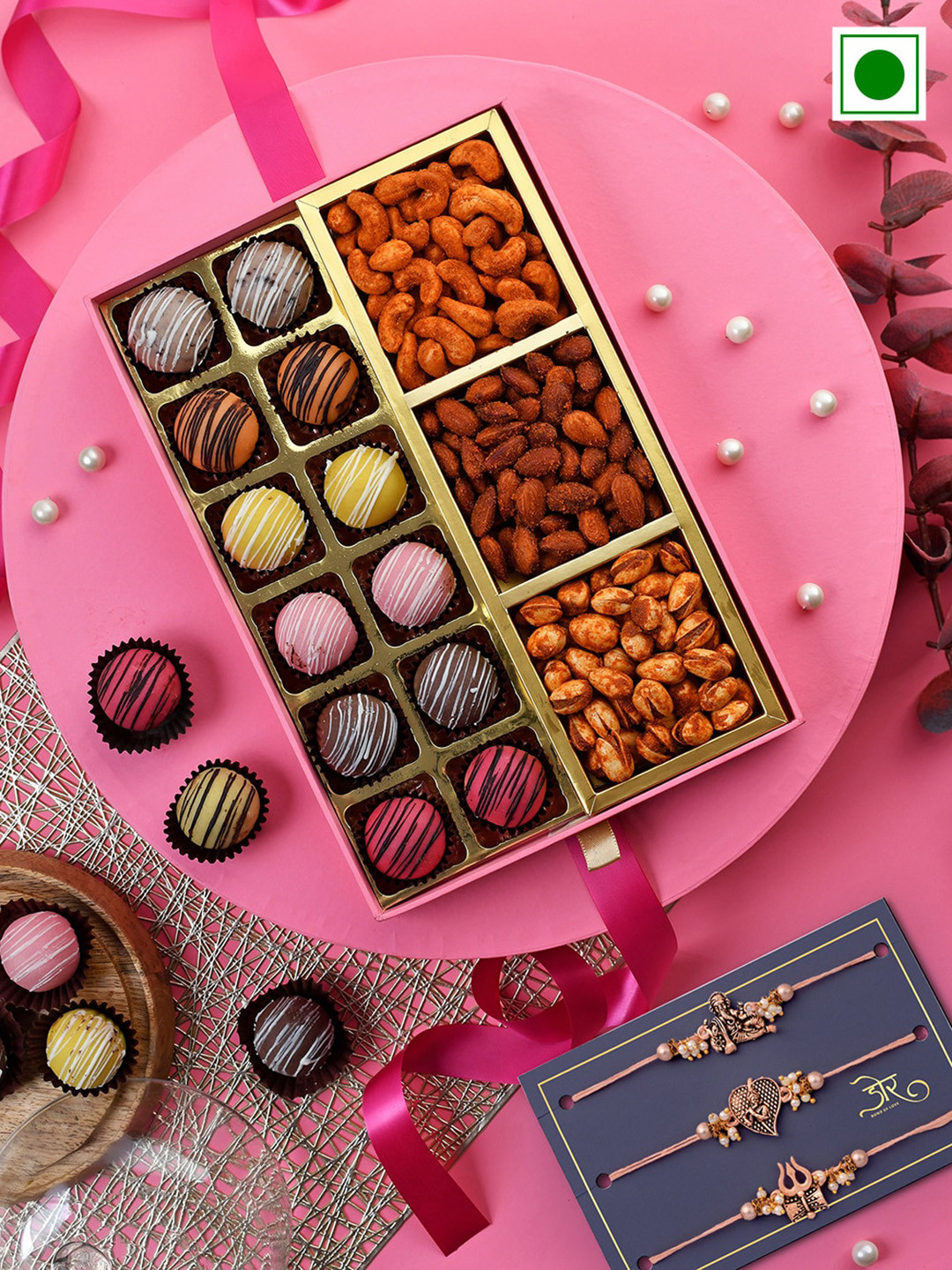 

RawFruit Set of 3 Rakhi with Marjipan & Roasted Dry Fruits Gift Set, Rose gold