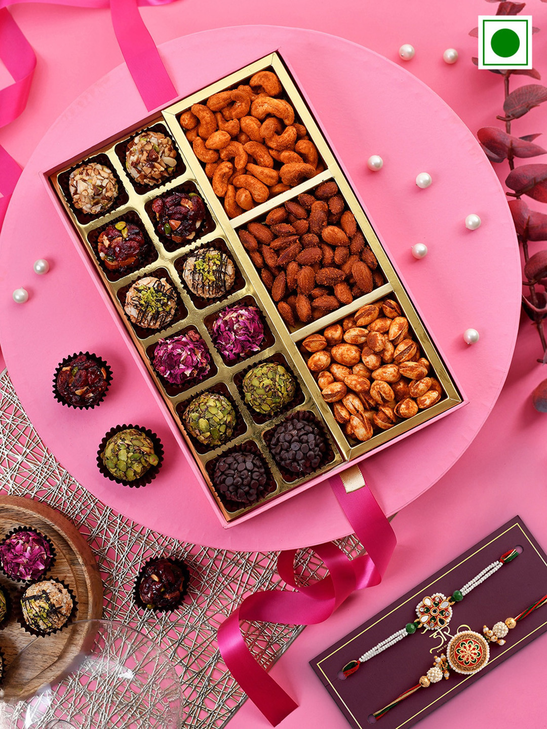 

RawFruit Set of 2 Rakhi with Laddu & Roasted Dry Fruit Gift Set, White