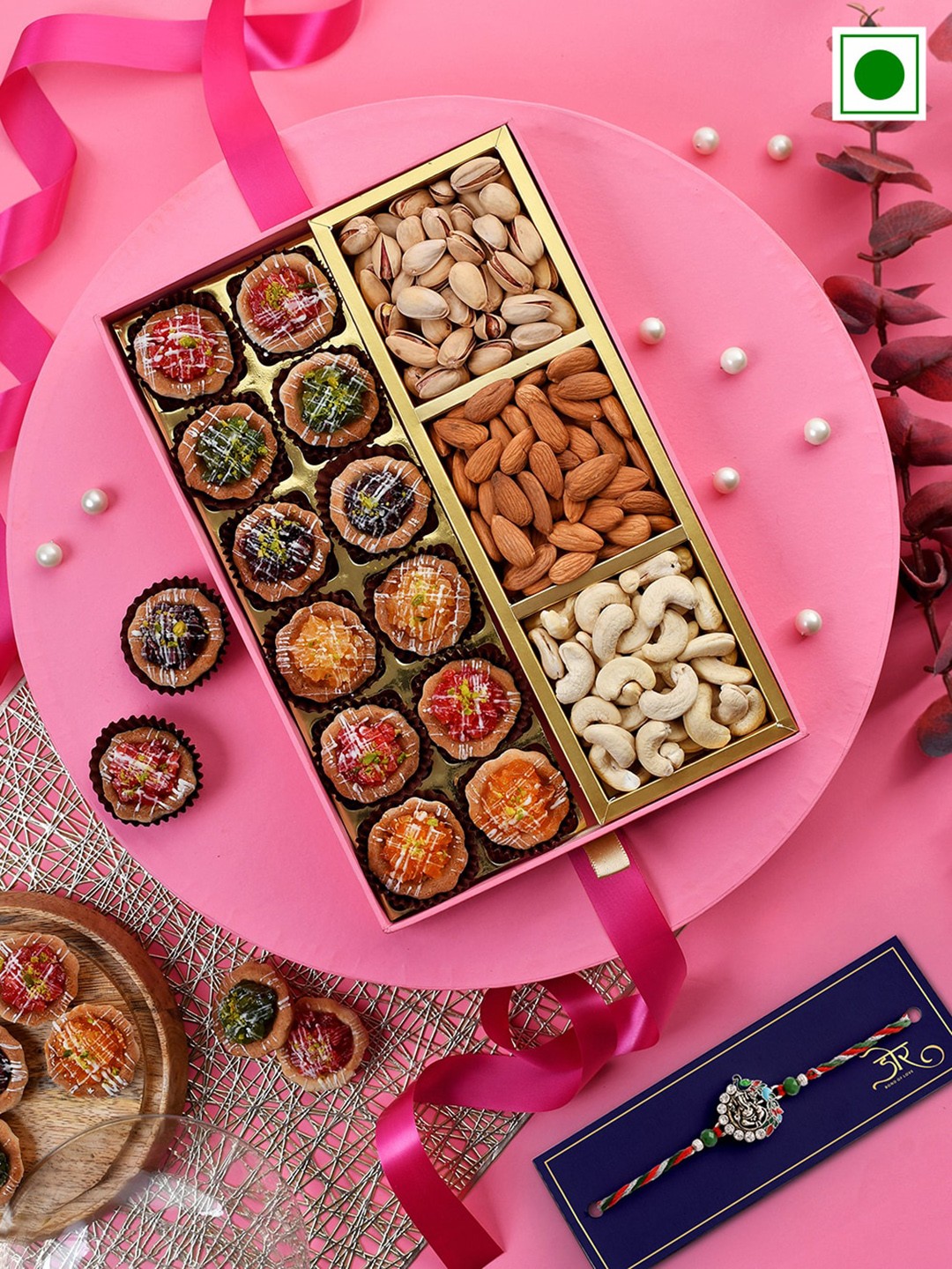 

RawFruit Ganesha Charm Rakhi with Tarts & Dry Fruit Gift Set, Silver