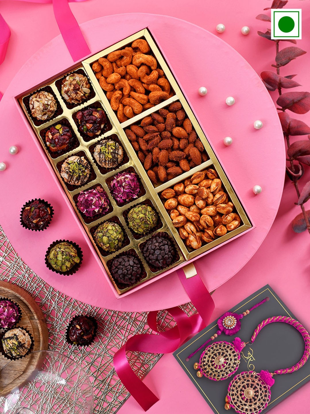 

RawFruit Set of 2 Rakhi with Laddu & Roasted Dry Fruit Gift Set, Gold