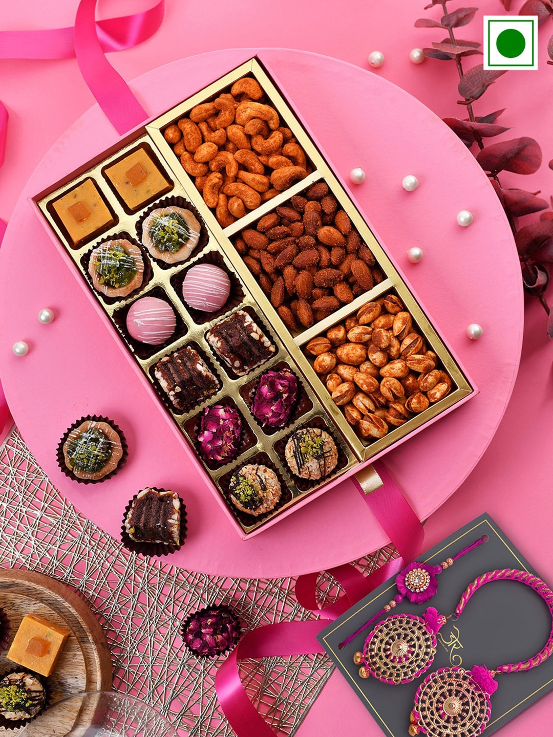 RawFruit Sweets And Roasted Dry Fruit with Bhai Bhabhi Rakhi, Pink