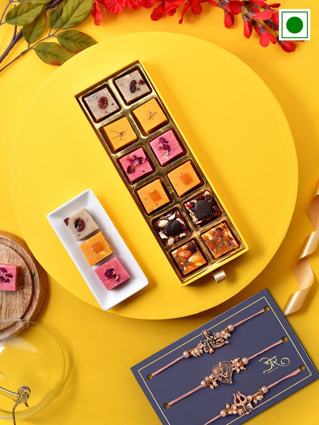 

RawFruit Set Of 3 Rakhis With Cashew Fudge Sweets Gift Set, Peach