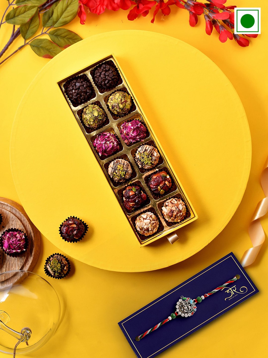 

RawFruit Peacock Stones-Studded Rakhi With Laddoo Sweets Gift Set, Red