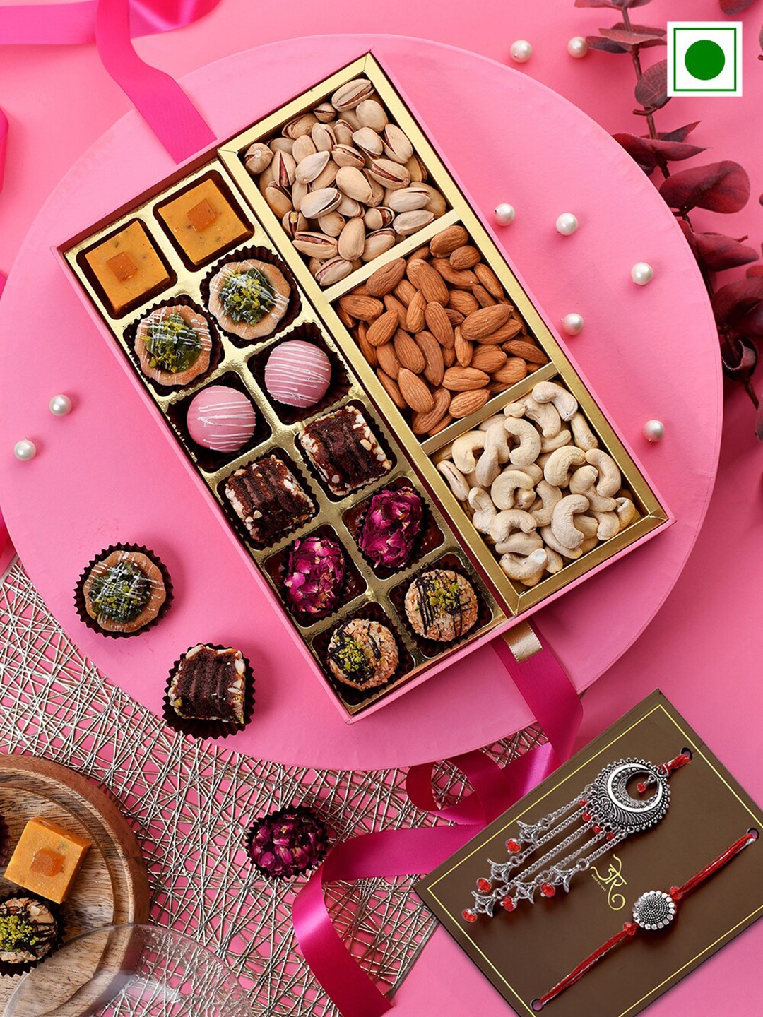 

RawFruit Set of 2 Bhai Bhabhi Rakhis With Roli Chawal, Sweets & Dryfruits Gift Set, Silver