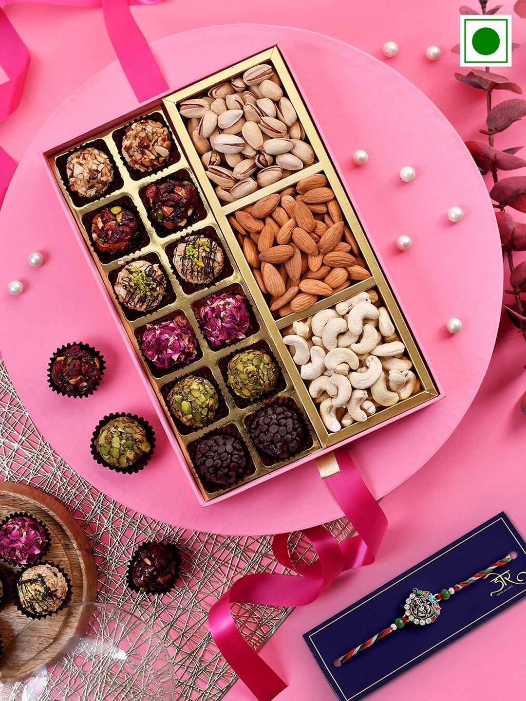 

RawFruit Beaded Rakhi with Laddu & Dry Fruit Gift Set, Silver