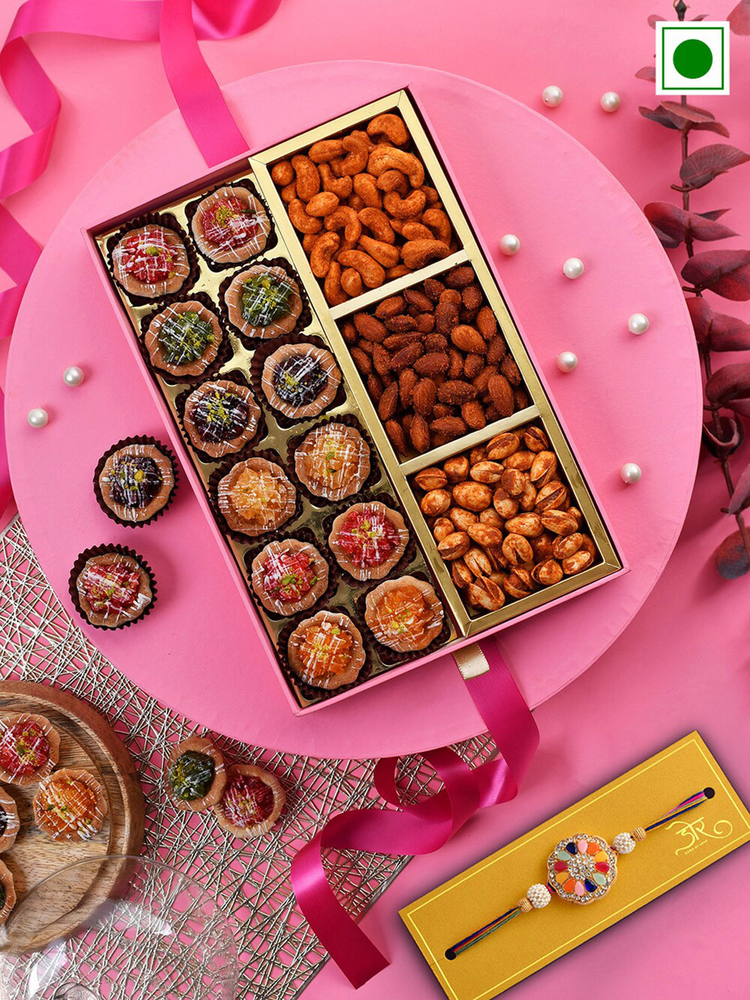

RawFruit Threaded Rakhi With Tarts & Roasted Dry Fruit Gift Set, Blue