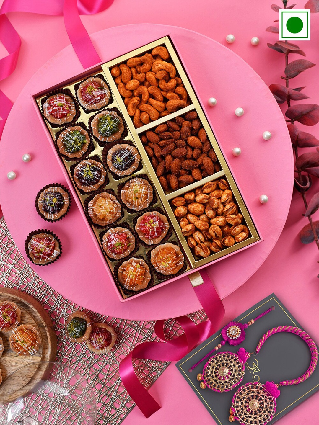 

RawFruit Set Of 1 Sweets & Roasted Dryfruits Box with Bhai Bhabhi Rakhi, Pink