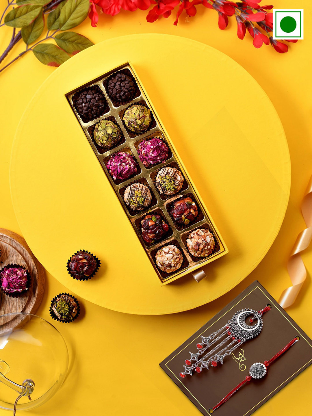 

RawFruit Set Of 2 Rakhis With Laddoo Sweets Gift Set, Red