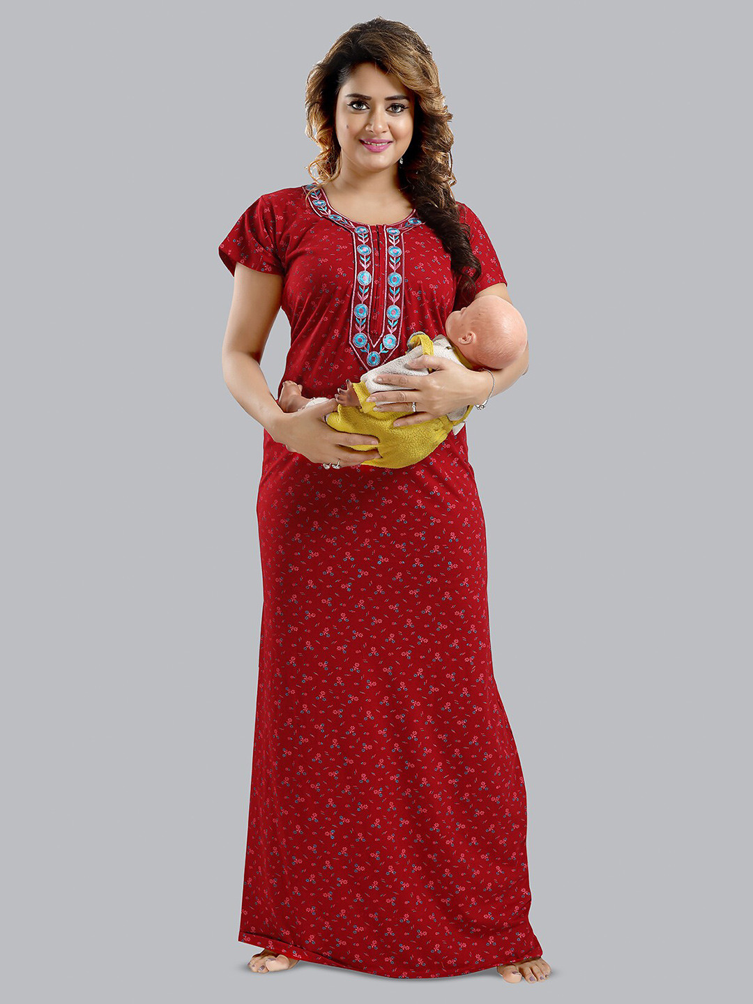 

FOMTI Printed Maxi Maternity Cotton Nightdress, Maroon