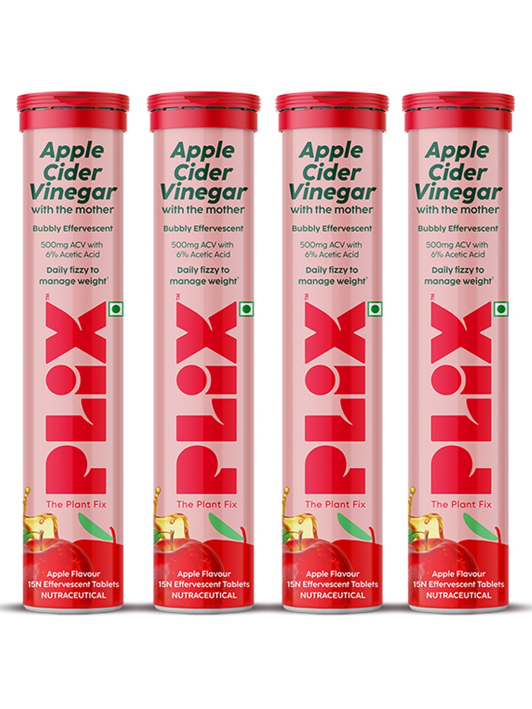 

PLIX THE PLANT FIX Set of 4 Apple Cider Vinegar Effervescent Tablets - 15 Tablets each, Red