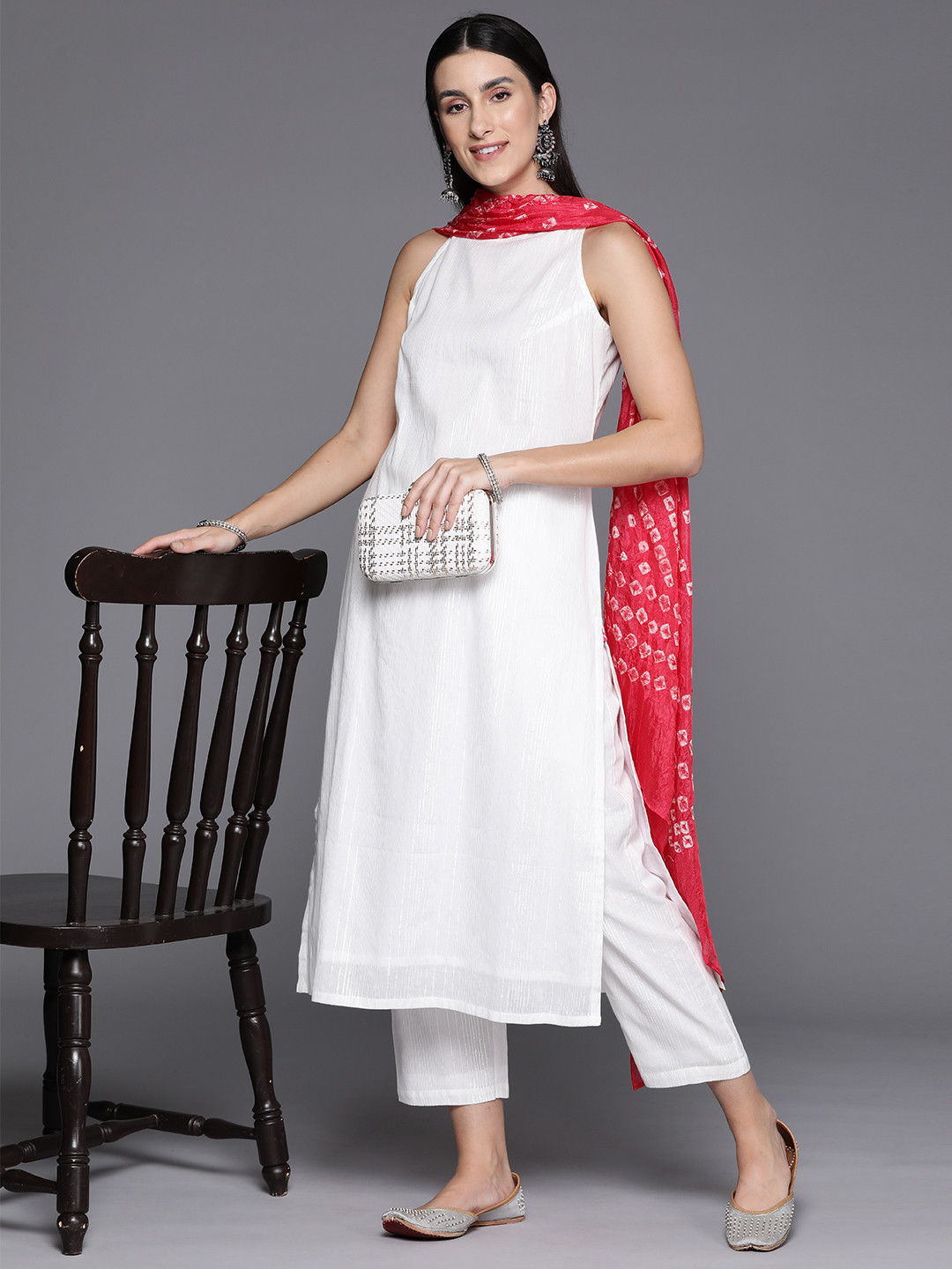 

Varanga Women Regular Pure Cotton Kurta with Trousers & Dupatta, White