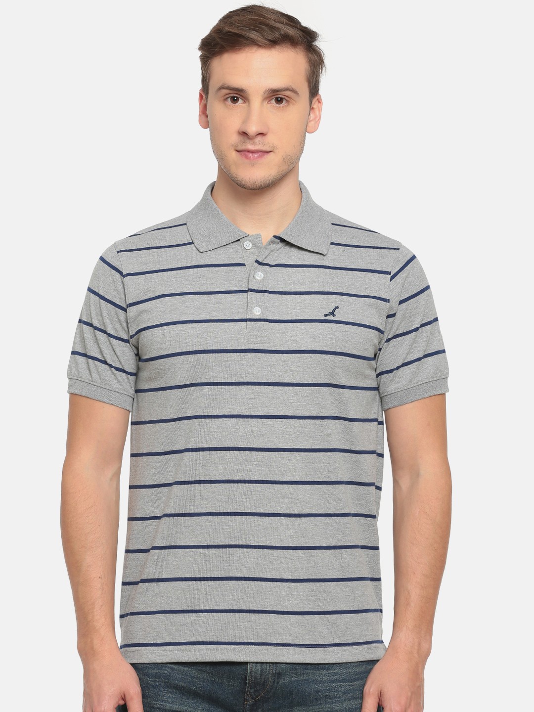 

American Crew Men Grey & Navy Striped Polo Collar T-shirt
