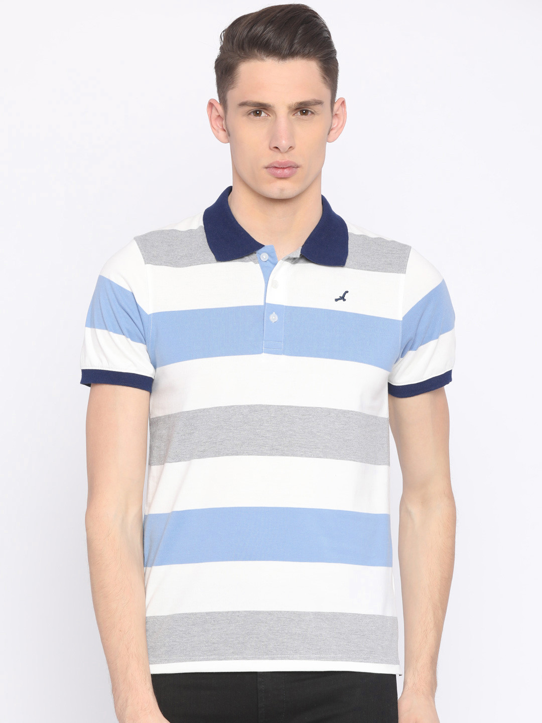 

American Crew Men White & Blue Striped Polo Collar T-shirt