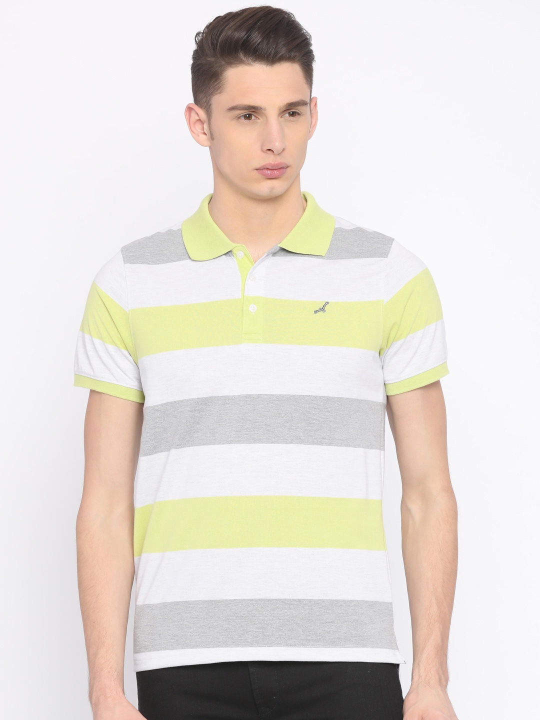 

American Crew Men Grey & Lime Green Striped Polo Collar T-shirt