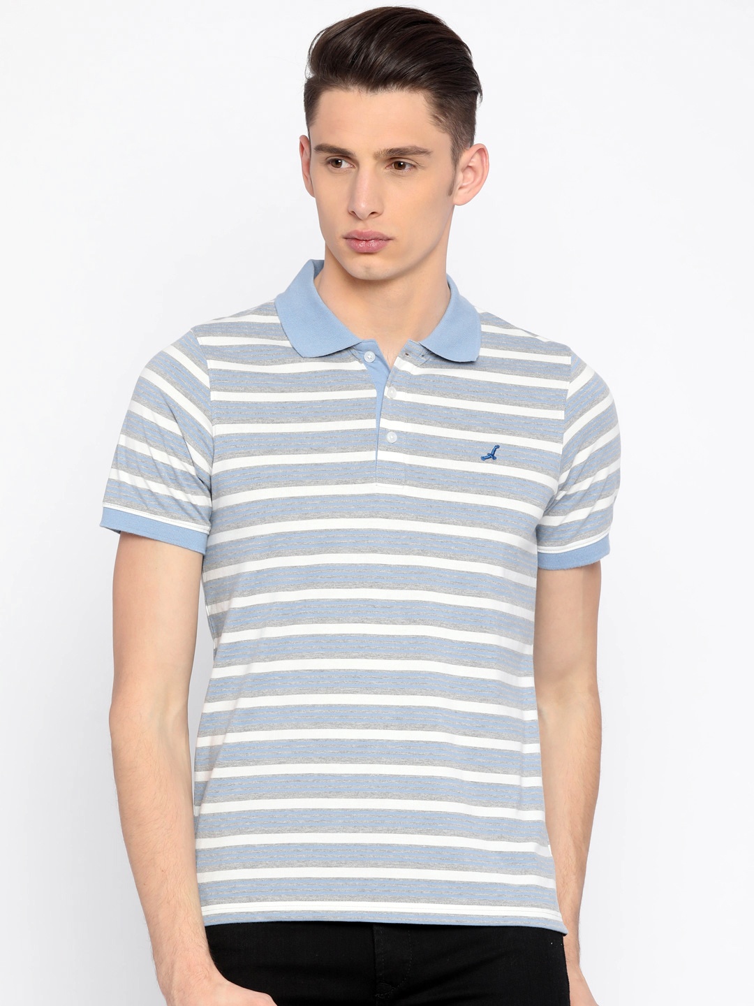 

American Crew Men Grey & Blue Striped Polo Collar T-shirt