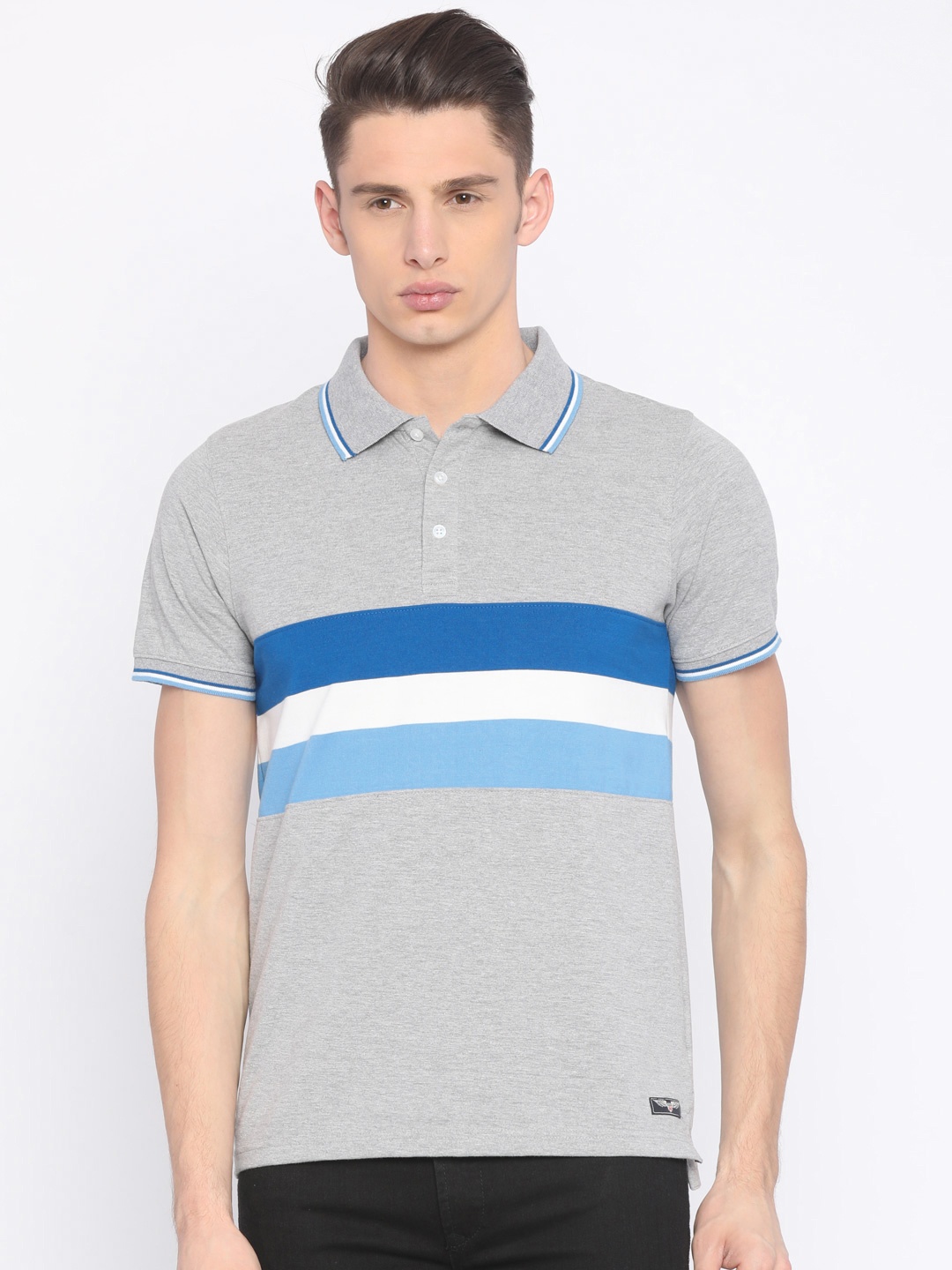 

American Crew Men Grey Striped Polo Collar T-shirt