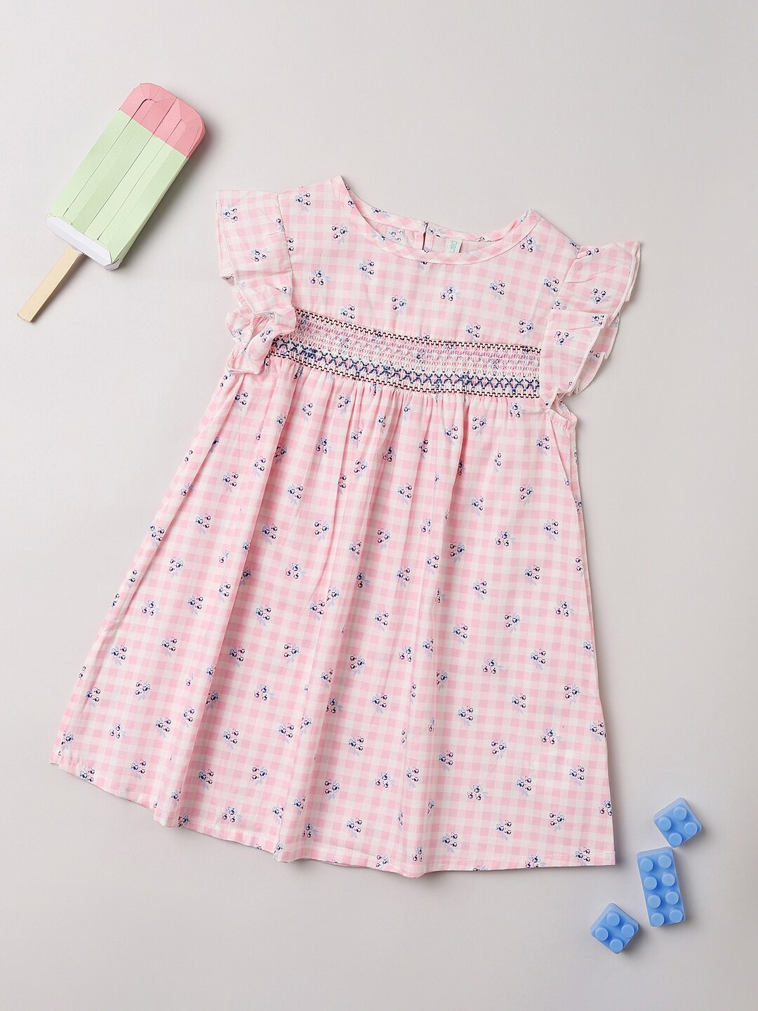 

Pantaloons Girls Floral Printed Flutter Sleeves Smocked Cotton A-Line Dress, Pink