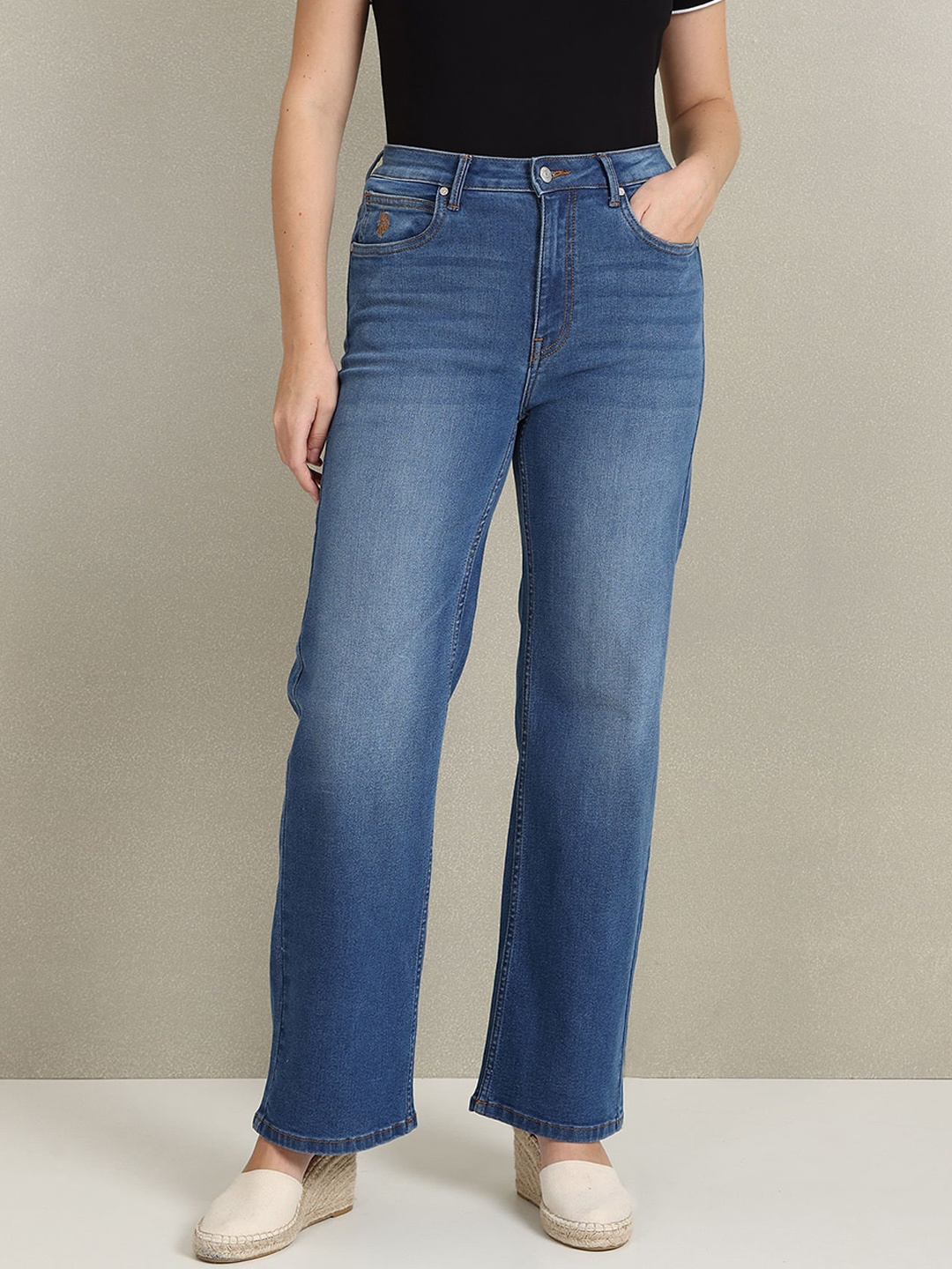 

U.S. Polo Assn. Women Mid Rise Wide Leg Light Fade Stretchable Jeans, Blue