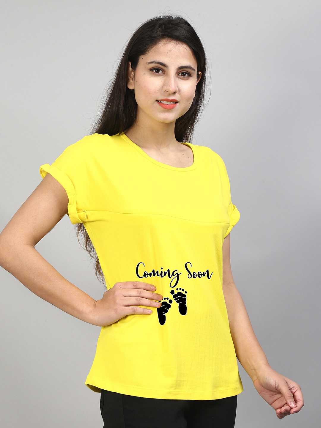 SillyBoom Typography Printed Maternity T-shirt, Yellow