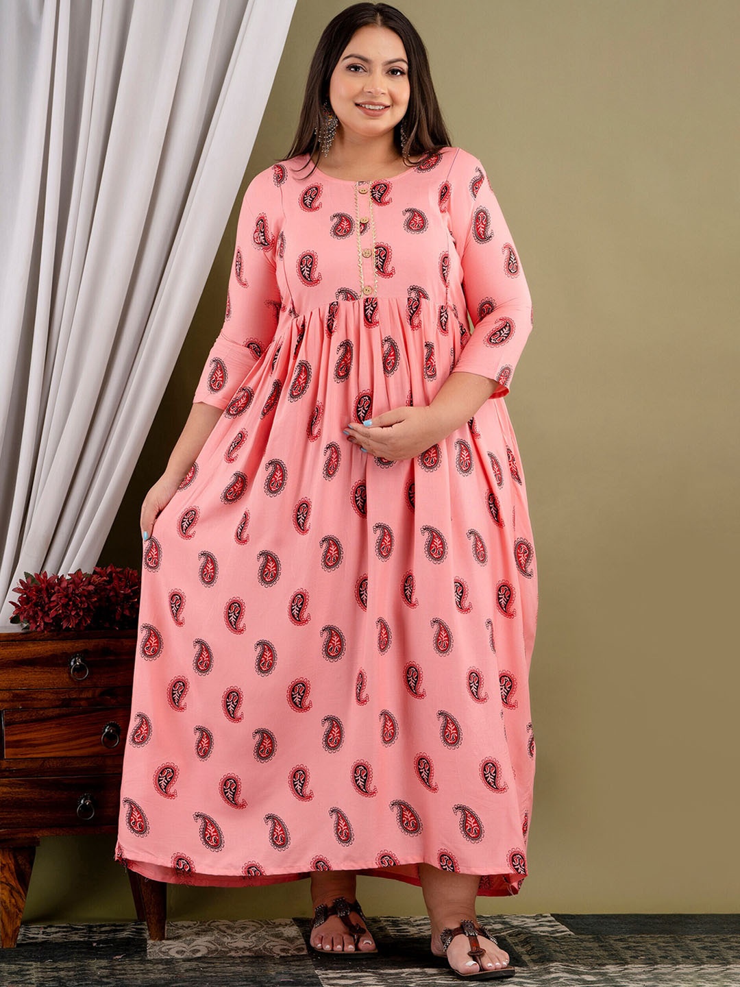 

Mialo fashion Plus Size Ethnic Motifs Printed Maternity Feeding Midi Ethnic Dress, Pink