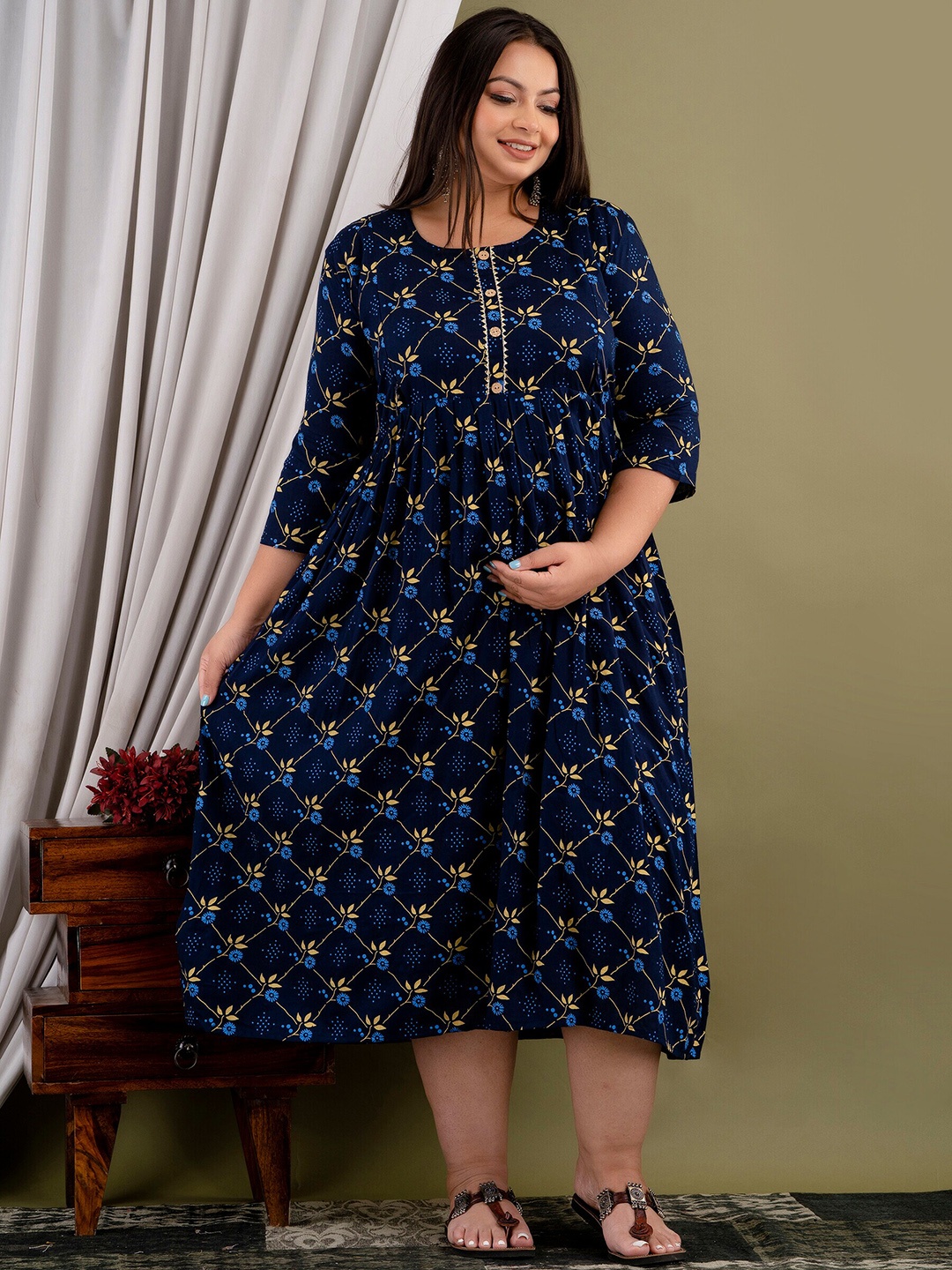 

Mialo fashion Floral Printed Cotton Maternity Ethnic Dress, Blue