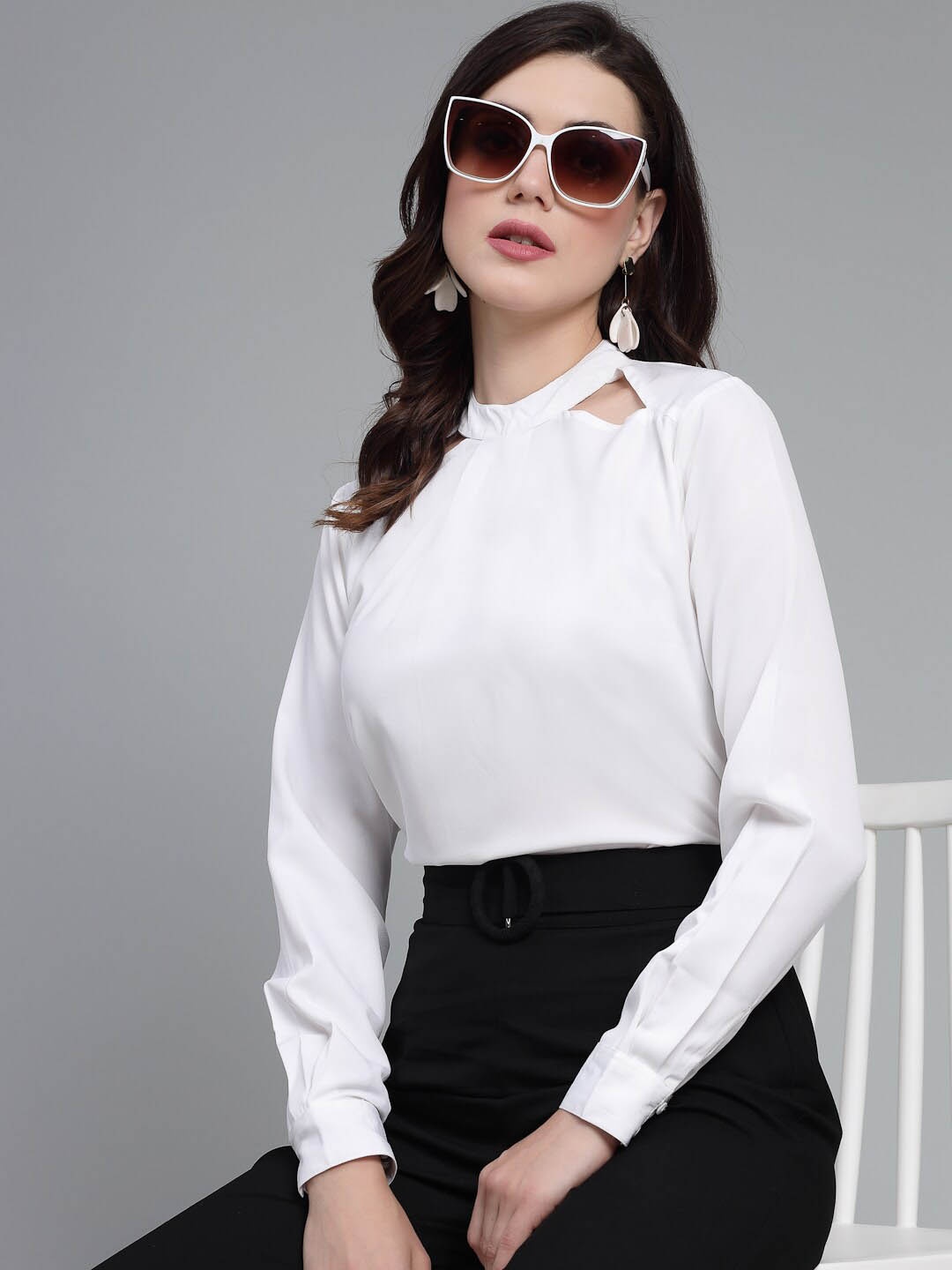 

Style Quotient White Cuffed Sleeves Cut Out Top