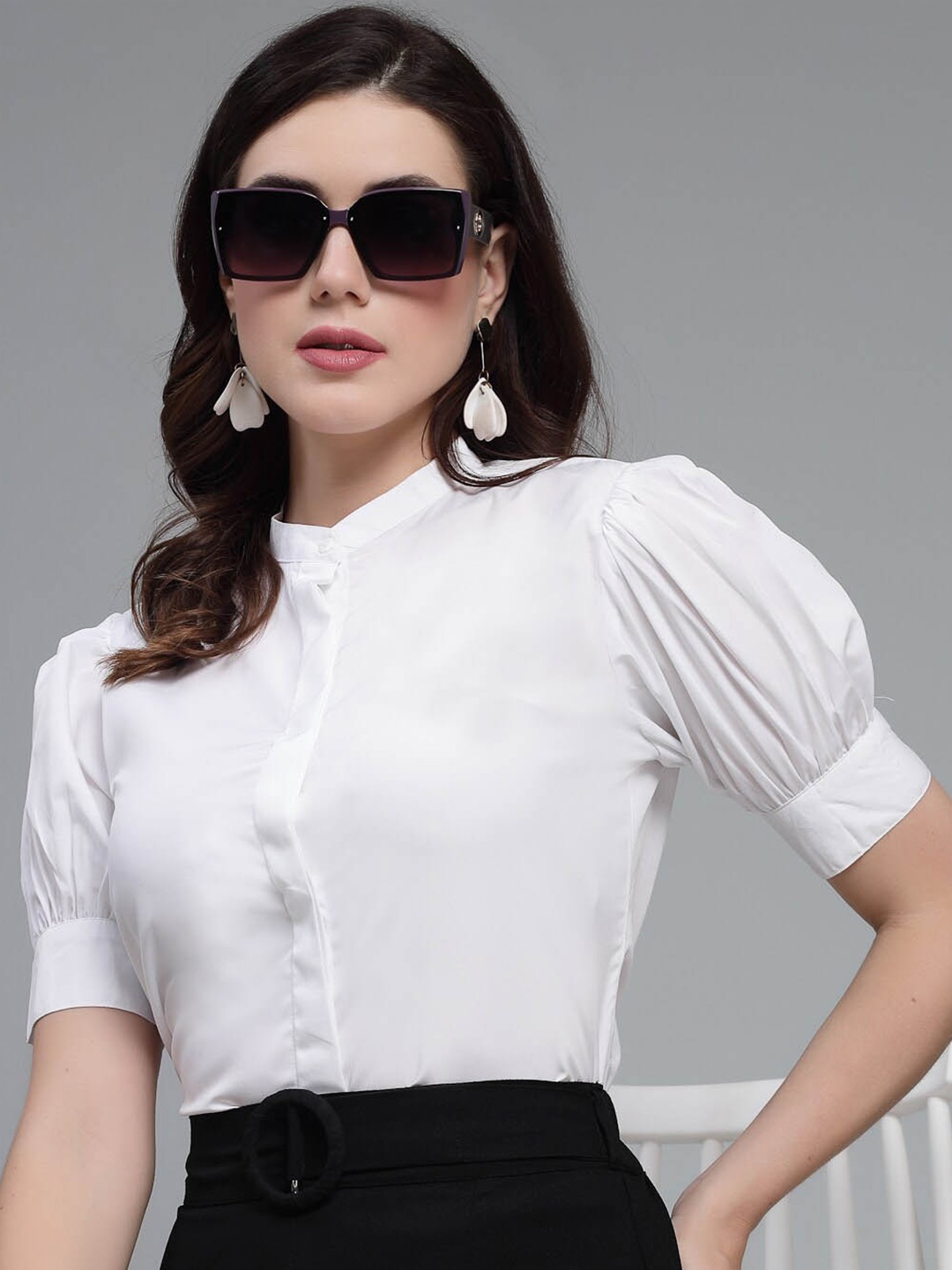 

Style Quotient Smart White Band Collar Puff Sleeve Opaque Formal Shirt