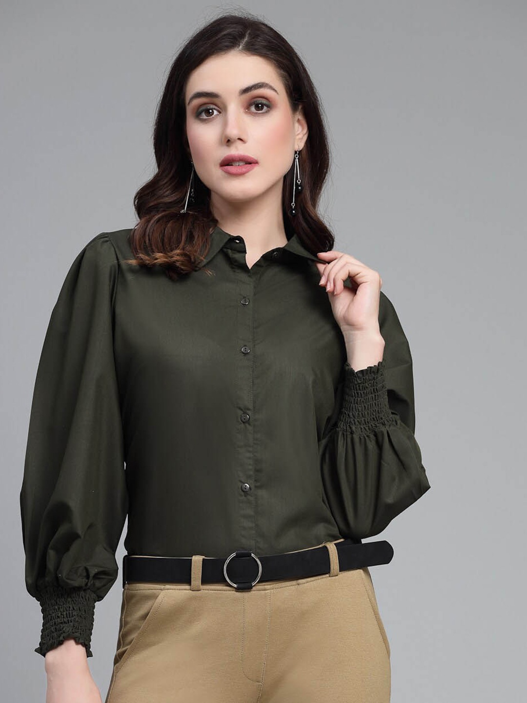 

Style Quotient Smart olive Spread Collar Puff Sleeve Opaque Formal Shirt